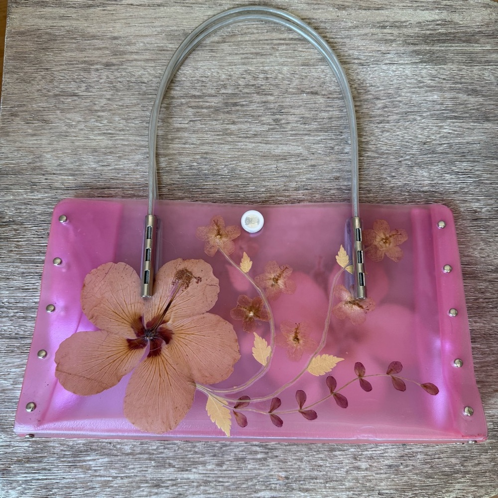 Vintage ‘Organique’ Pressed Flower Lucite Clear Pink Handbag Floral Resin Purse